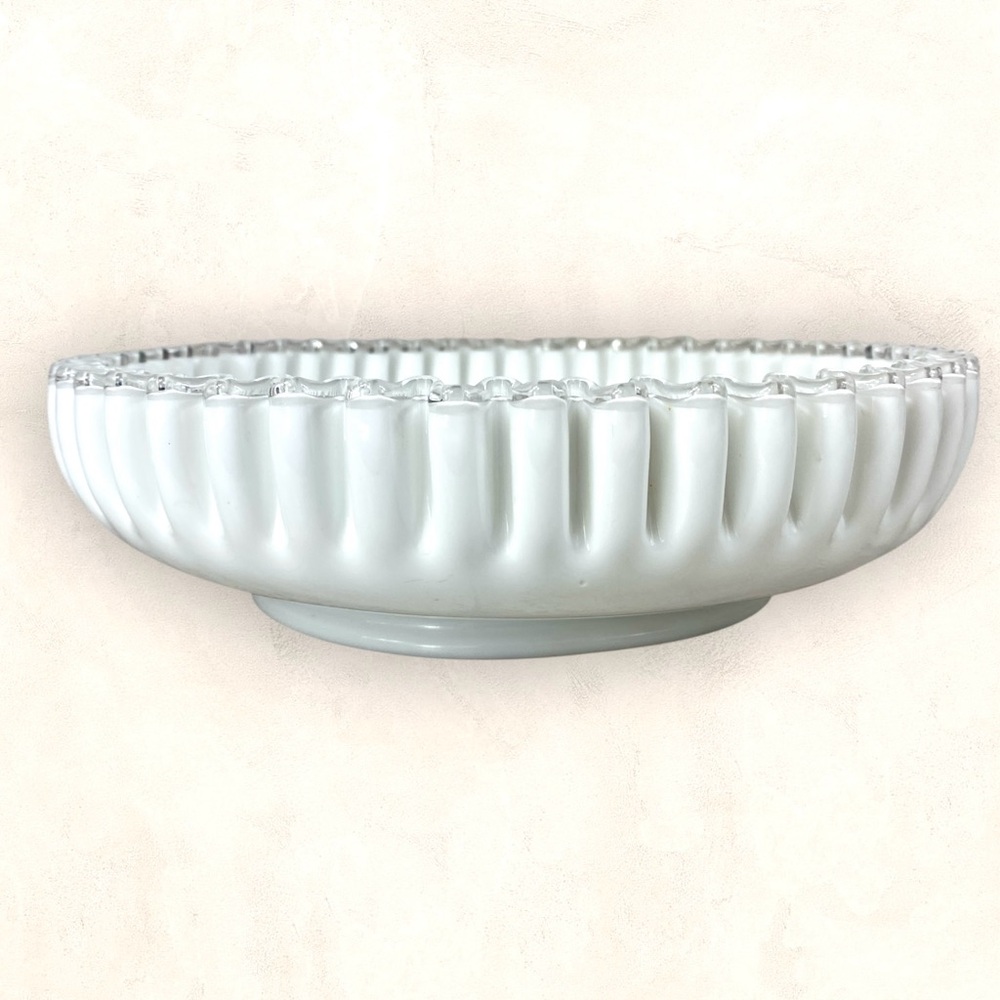 Fenton Silver Crest Milk Glass Crimped Edge Serving Bowl  2 3/4” x 10 1/8”